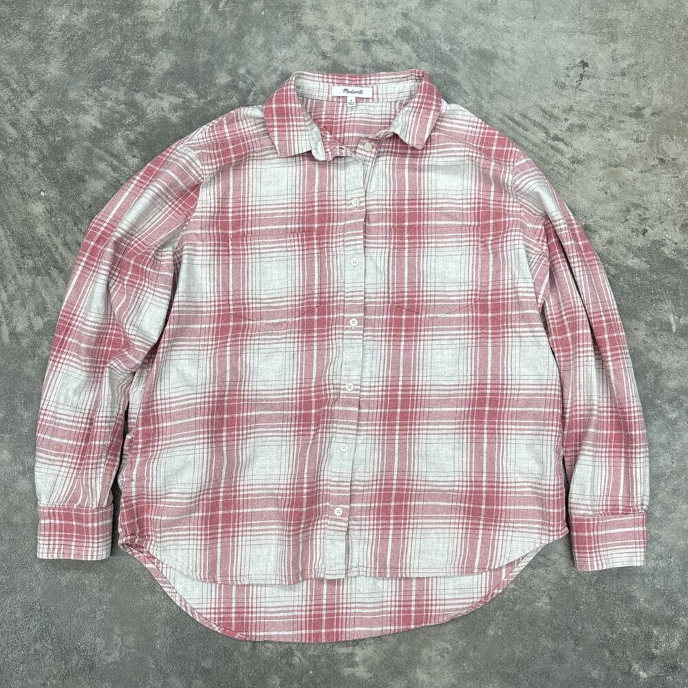 Madewell Plaid Long Sleeve Button Up Pink Beige Top Womens M Pockets Collared